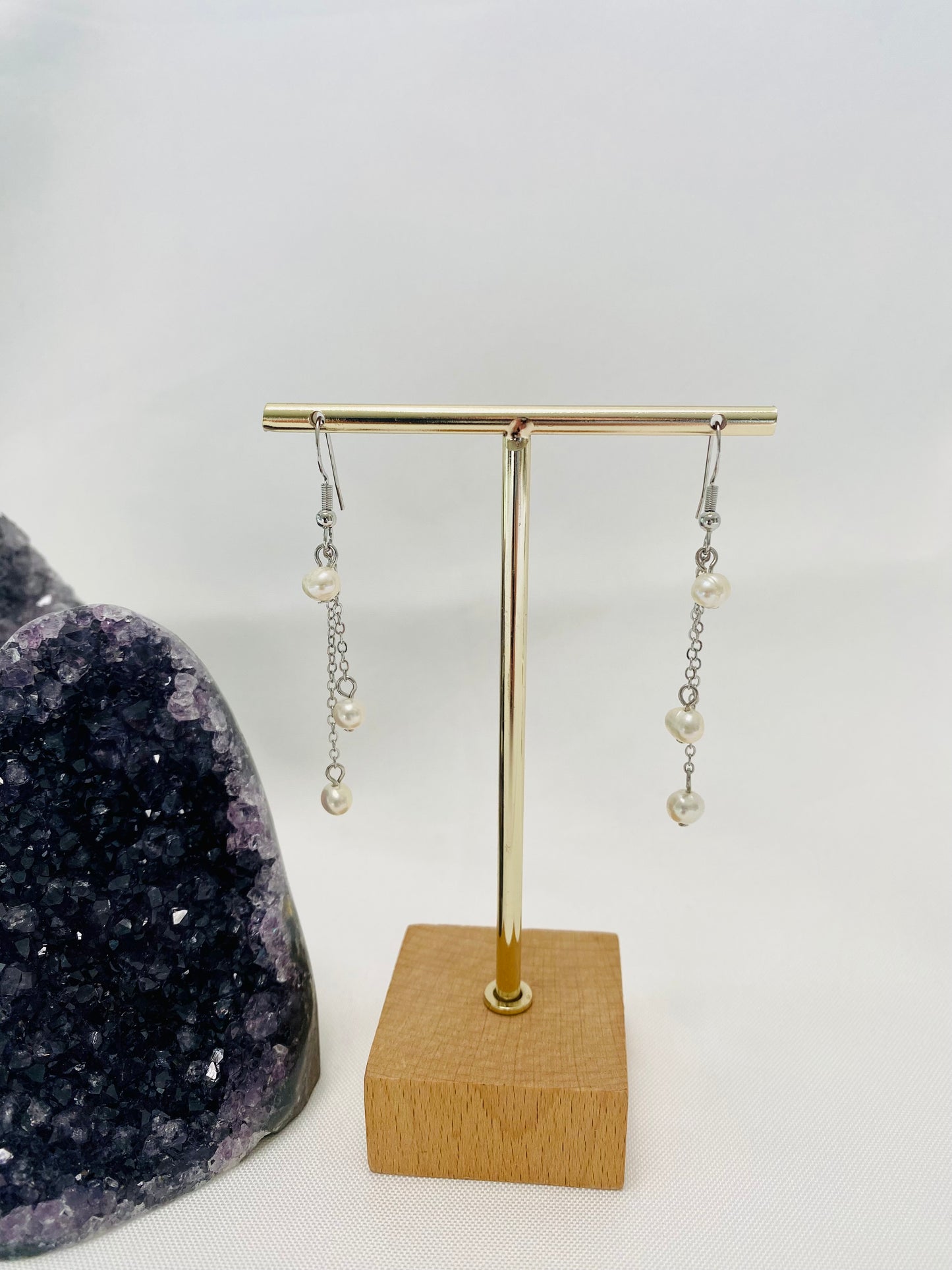 Earrings - 3 Freshwater Pearls Drop Chain, 14K Gold / White Gold Filled