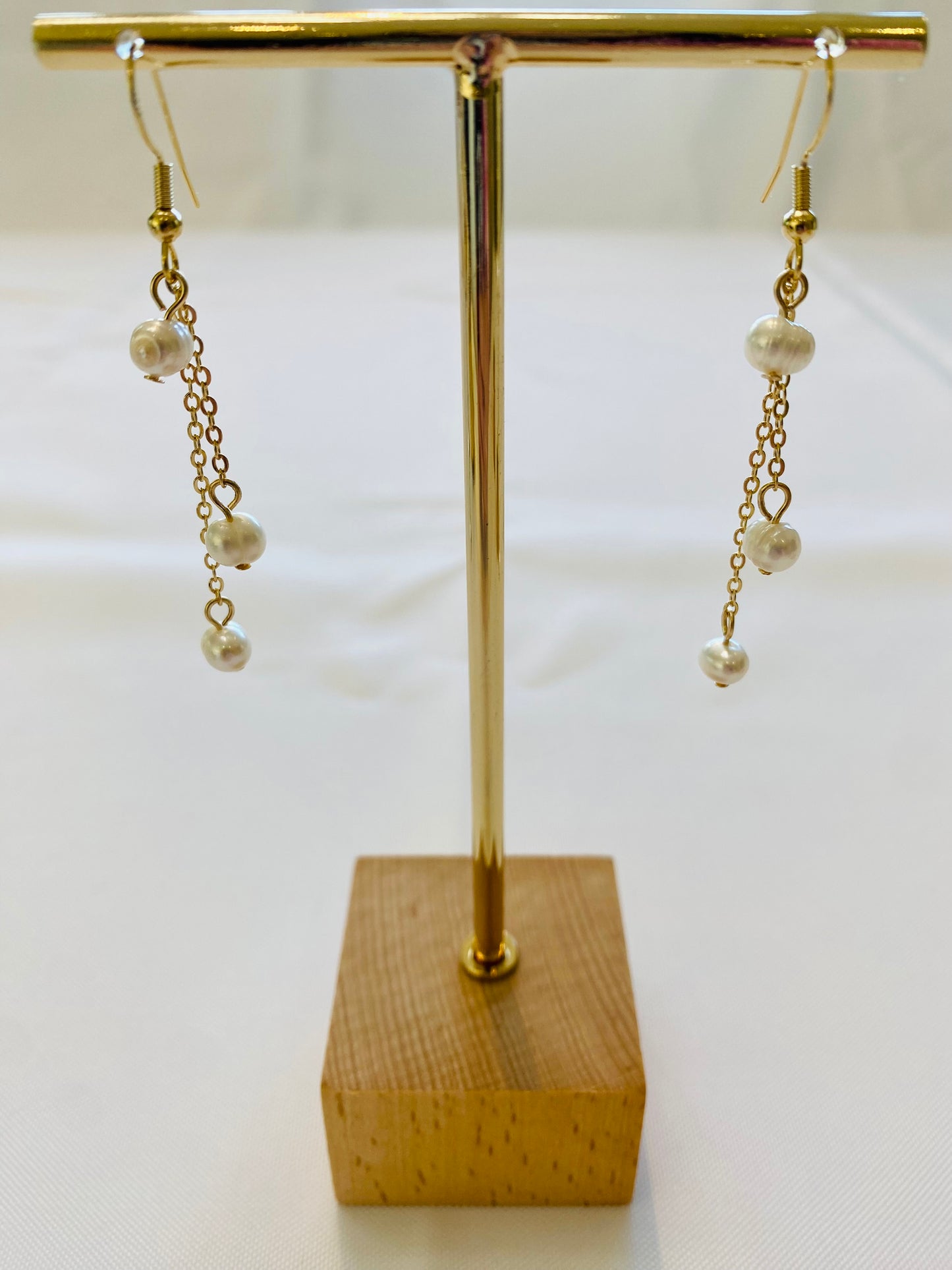 Earrings - 3 Freshwater Pearls Drop Chain, 14K Gold / White Gold Filled
