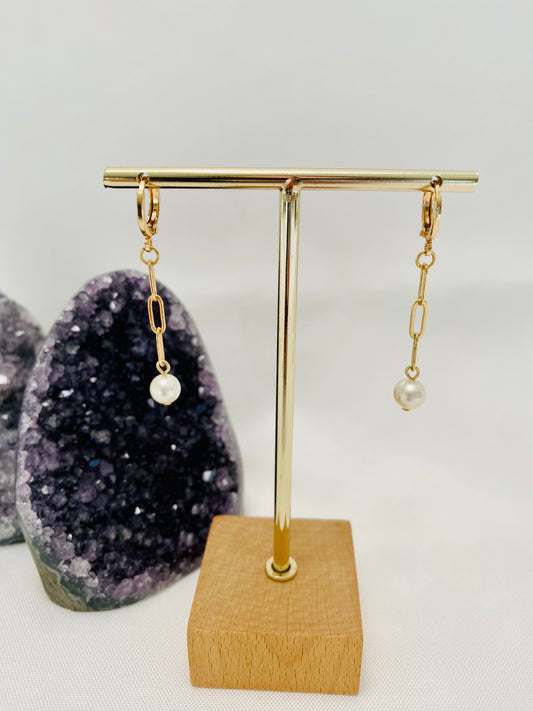 Earrings - Freshwater Pearl Paperclip Hoop, 14K Gold/White Gold Filled