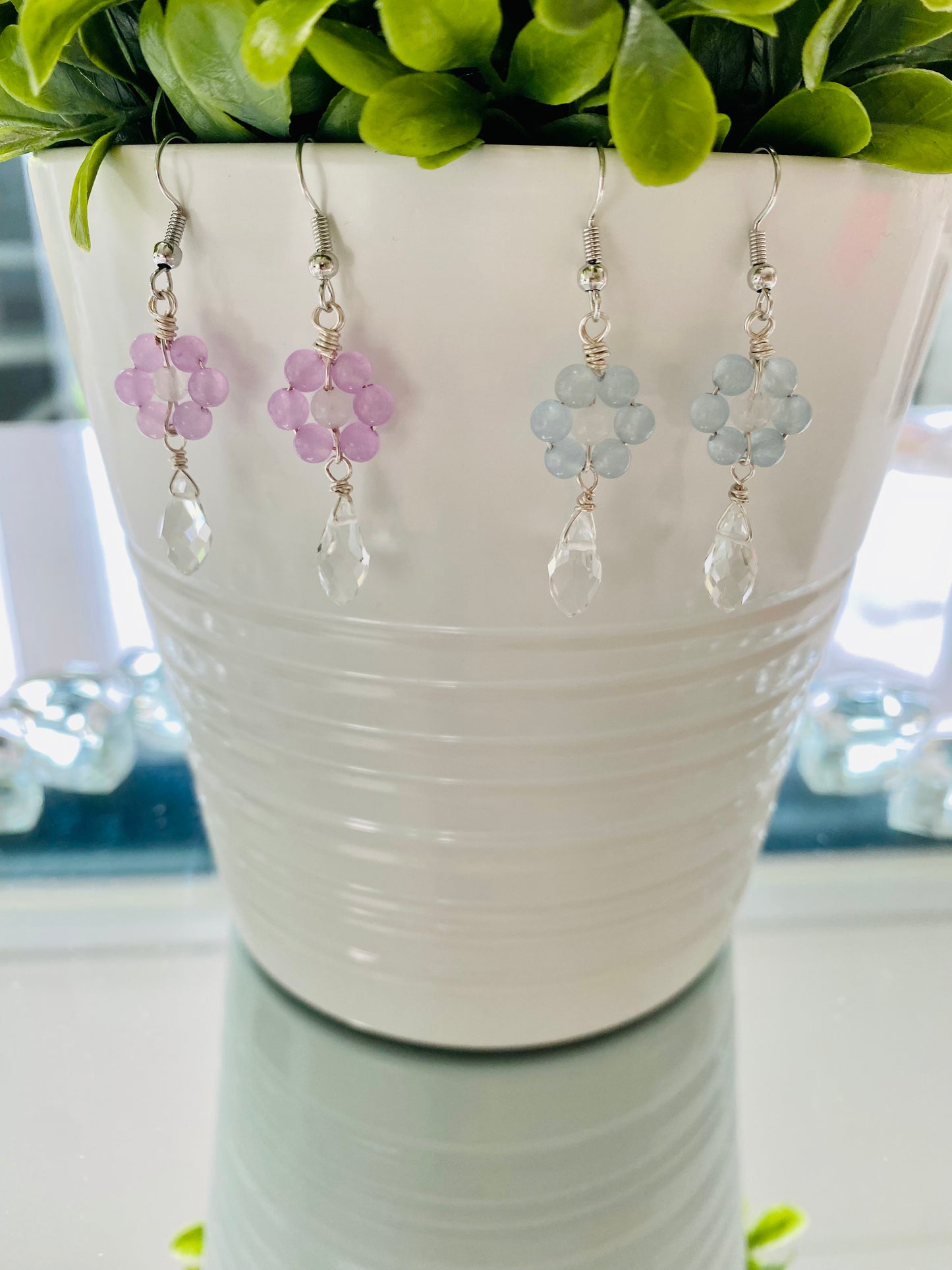 Crystal Beads Flower Drop White Gold Earrings