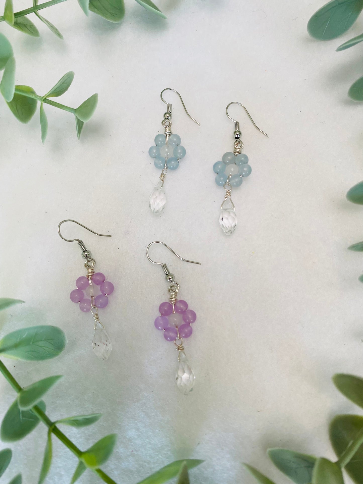 Crystal Beads Flower Drop White Gold Earrings