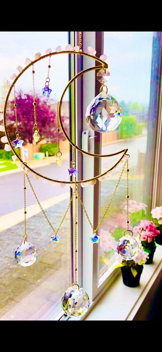 XL Rose Quartz Moon Suncatcher