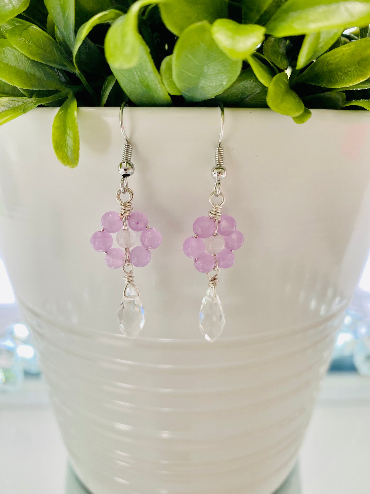 Crystal Beads Flower Drop White Gold Earrings