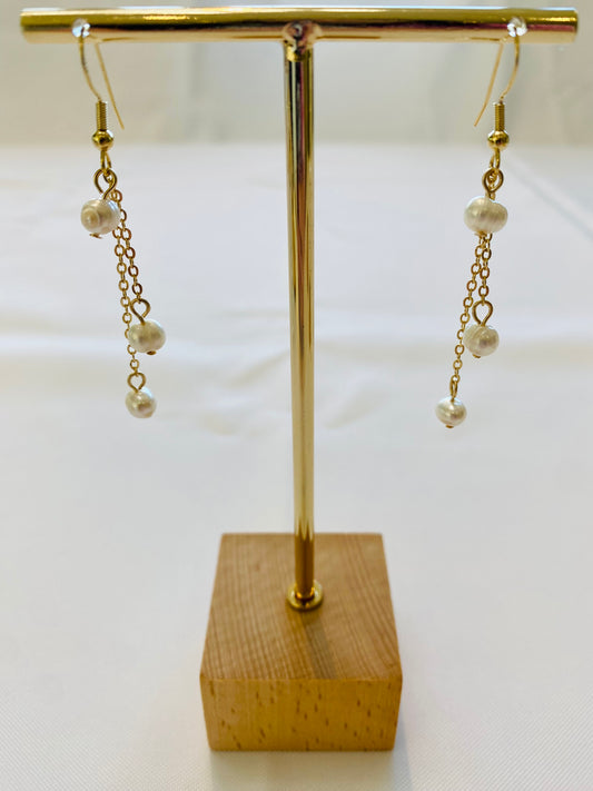 Earrings - 3 Freshwater Pearls Drop Chain, 14K Gold / White Gold Filled