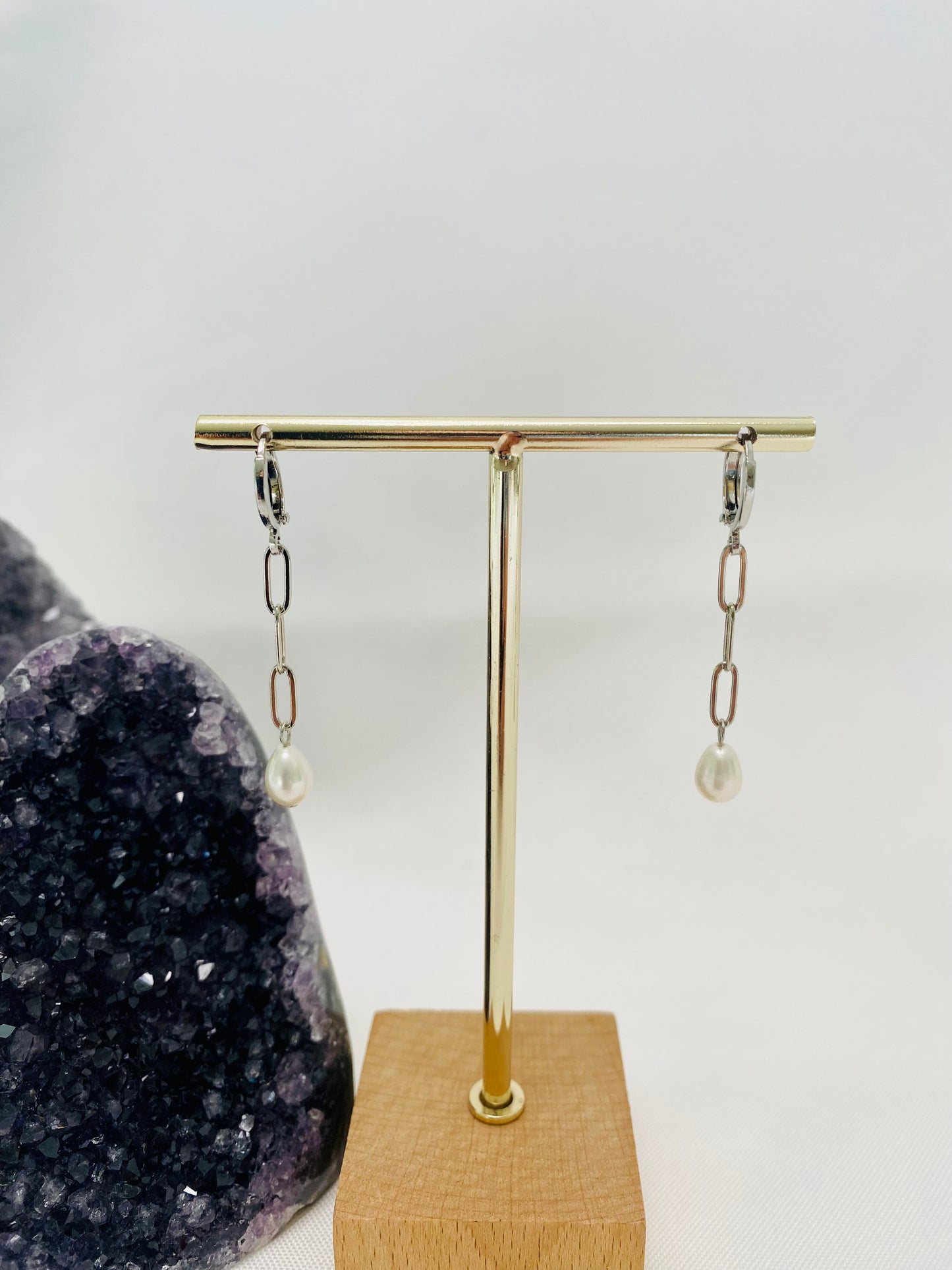 Earrings - Freshwater Pearl Paperclip Hoop, 14K Gold/White Gold Filled