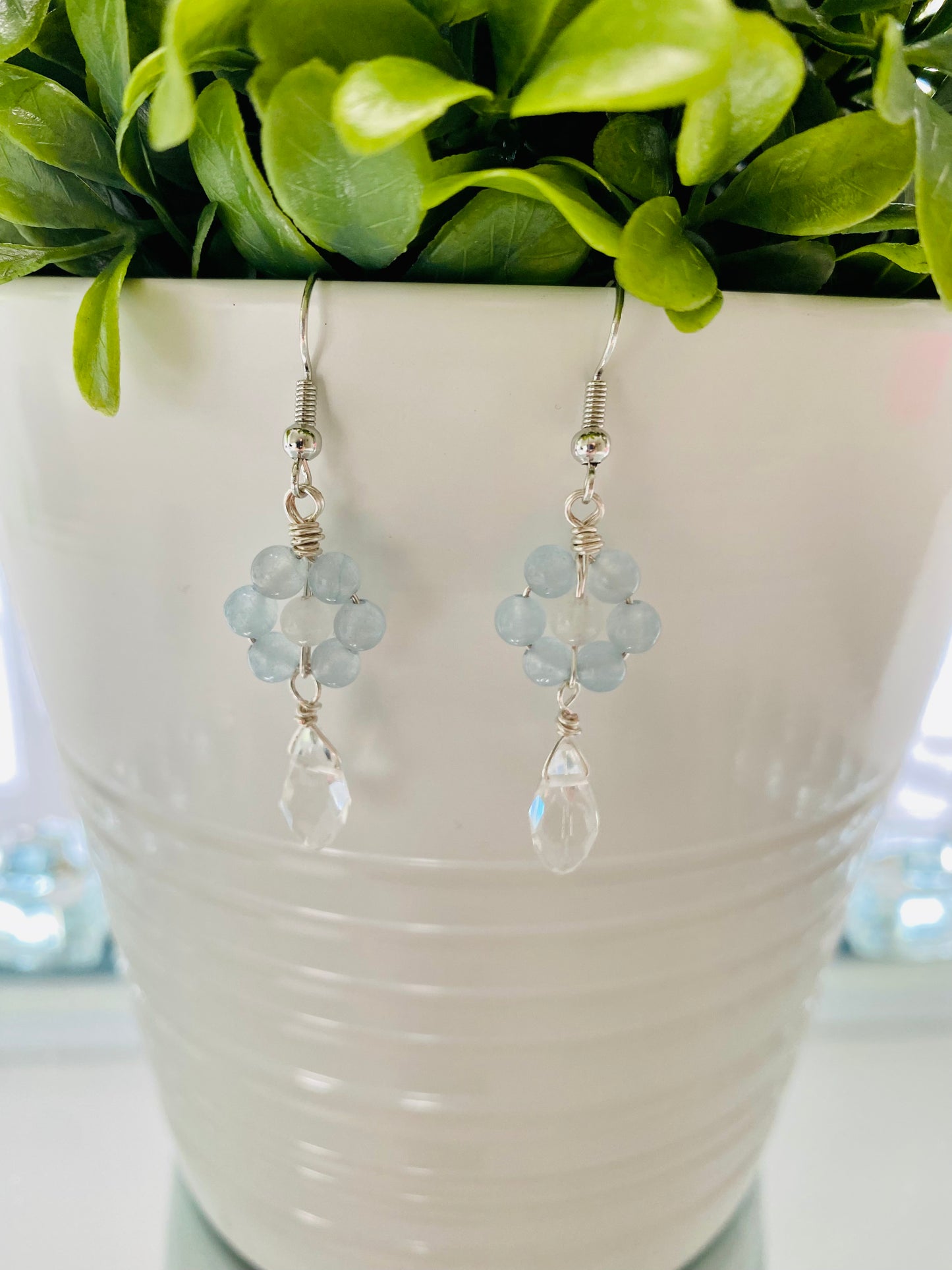 Crystal Beads Flower Drop White Gold Earrings